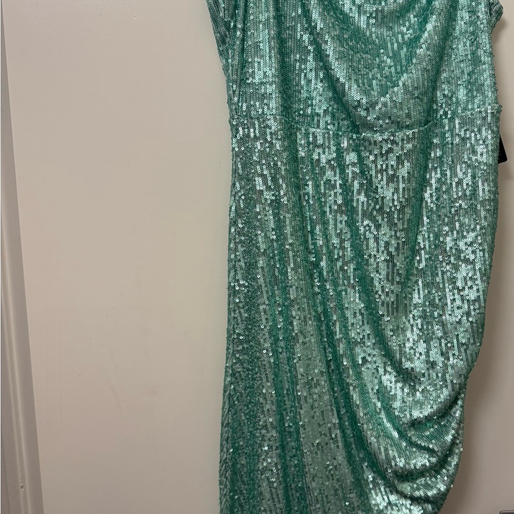 Express Sequin Draped Evening Dress – Aqua / Mint – Size L ✨